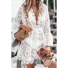 White Crochet with Fringe Trim Cover Up Dress